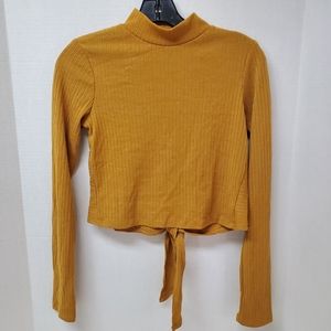 Forever 21 Mustard Yellow Gold Ribbed Crop Top Open Tie Back Sz L Mockneck
